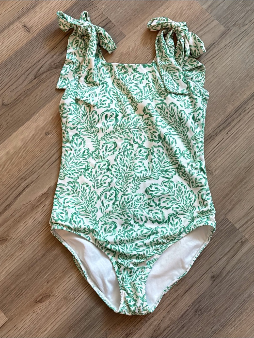 Girls Eyelet & Ivy Green Leaf Print One-Piece Swimsuit with Tie Straps Size 14